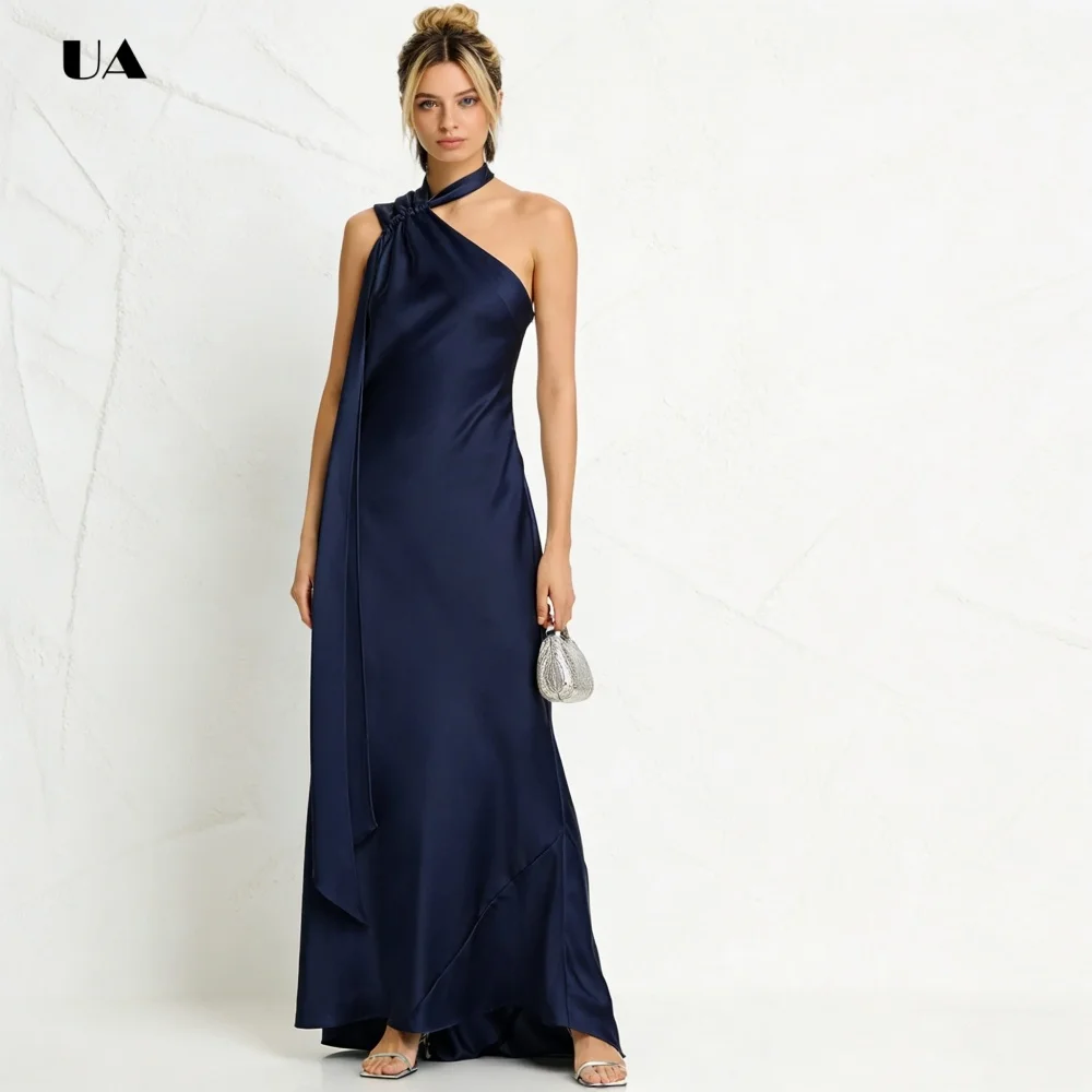 ULBYANRN Abito da ballo a trapezio senza maniche, abito da sera in raso solido con colletto a sciarpa, abito da festa personalizzato con dettagli drappeggiati