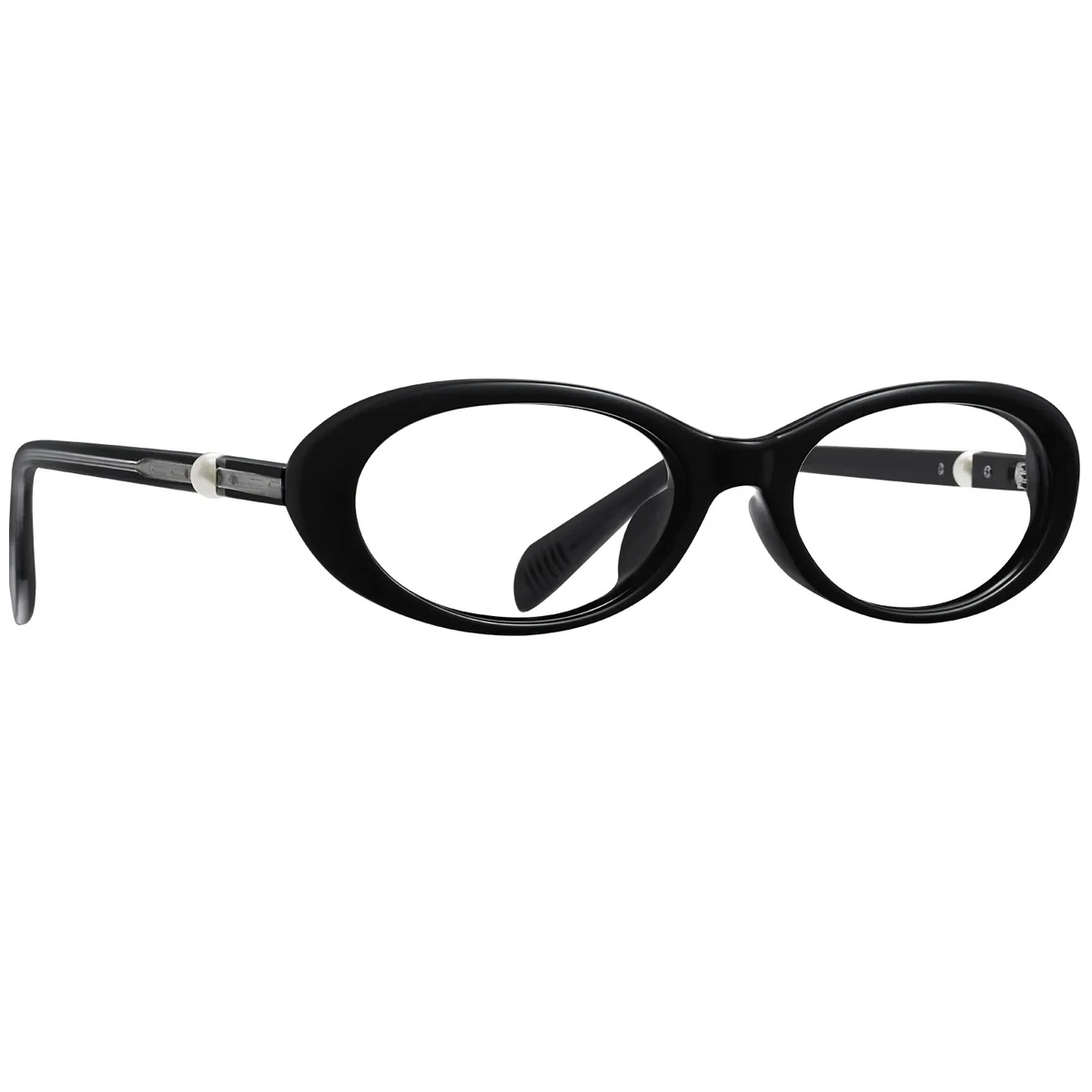 FYTOO Women's Bright Black Oval Retro Acetate Glasses Classic Versatile, Faux Pearl Accents Gentle Temperament, Fits Daily Wear.