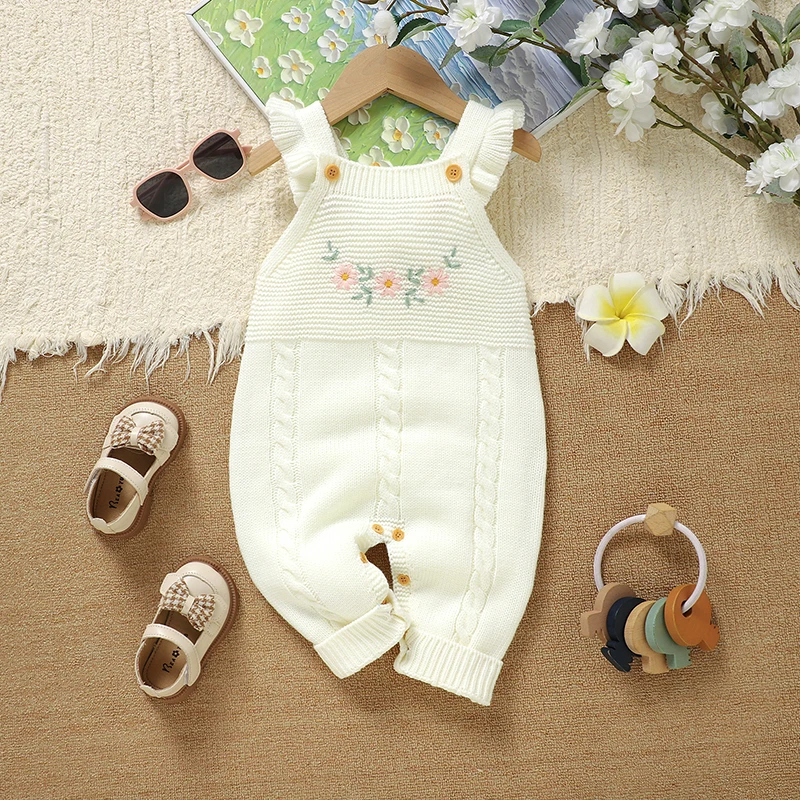 

Новые комбинезоны для новорожденных девочек 0-18 мес., вязаные, с цветочным узором, без рукавов, для малышей, цельные, для прогулок