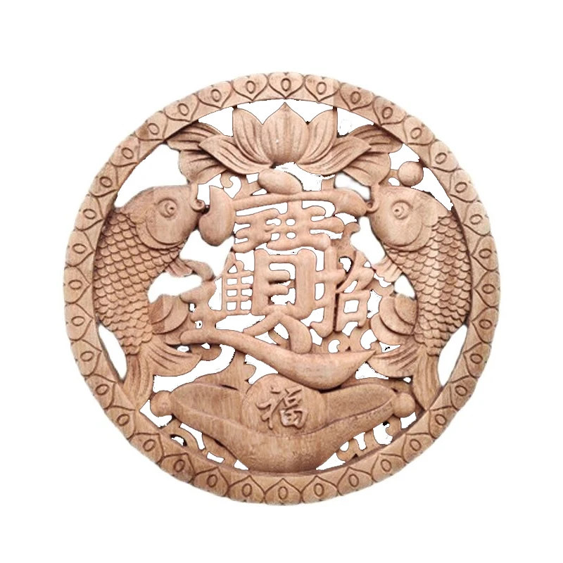 Round pendant, solid wood carving, wall hanging, Chinese antique decorative plate, 27cm in diameter