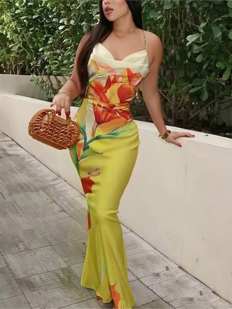 Été couverture Ups femmes maillot de bain Spaghetti sangle Robes maillot de bain 2026 nouvelle fleur impression plage vacances Maxi Robes couverture