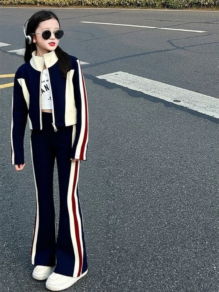 Girls Spring Autumn Suit 2026 New Fashion Sportswear Jacket Flare Pants Trendy Kids Clothing Set