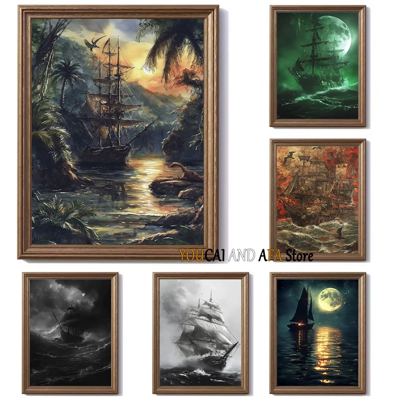 Pirate Ship Sailboat Vintage Adventure on Sea Fantasy Artwork Sailing Dream Poster Canvas Painting Wall Pictures Home Room Decor