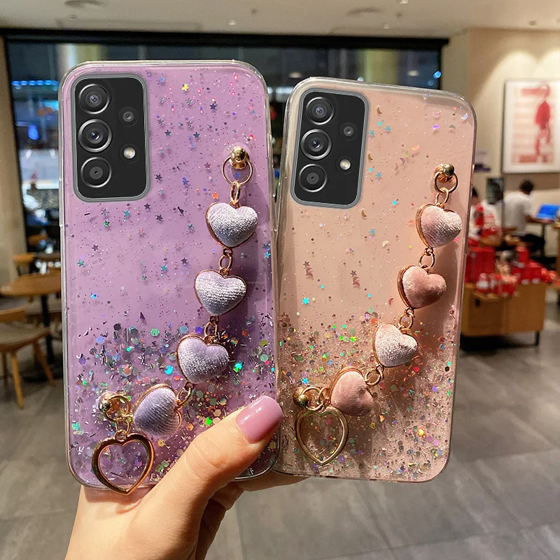 Bling Lấp Lánh Trái Tim Sang Trọng Dây Vòng Tay Ốp Lưng Điện Thoại Sansung Galaxy A52 A32 A72 A12 A13 A33 A51 A31 a21S Cổ Tay Da