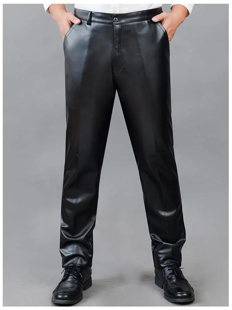 Men's Leather Pants Autumn And Winter Double Fleece Middle-Aged And Elderly Leather Pants Dirt And Windproof Long Pants