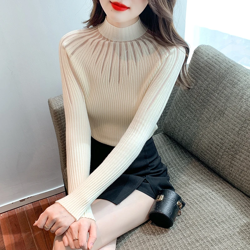 

Half-Necked Knitted Pullover Sweater Women Autumn Winter 2023 New Mesh Stitching Fashion Basic Jumper Tops Ladies Base Sweater