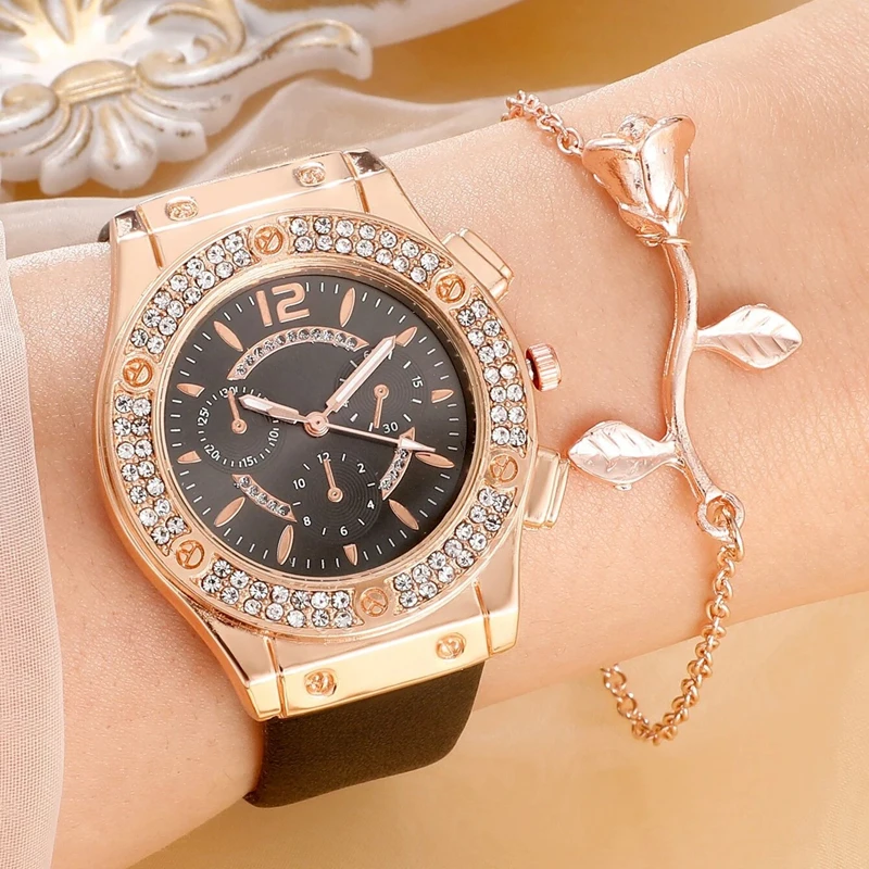 2PCS Set Pink Luxury Rhinestone Watches Women Crystal Quartz Bracelet Watches Wristwatch Ladies Dress Wristwatch Clock Relogio