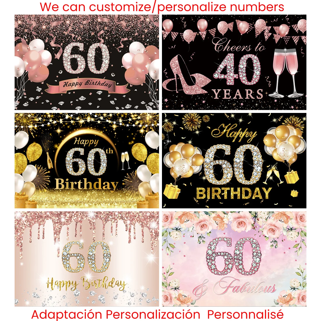 

Woman 60 Years Birthday Decor Background Personalized Birthday Party Canvas Glitter Balloon 60th Backdrop Photo Studio Banner