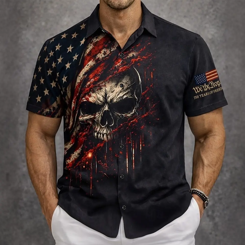 

Men's Skull US Flag America's 250th Anniversary Shirt Button Up Shirt Short Sleeve Patriotic Outdoor Holiday Summer shirts