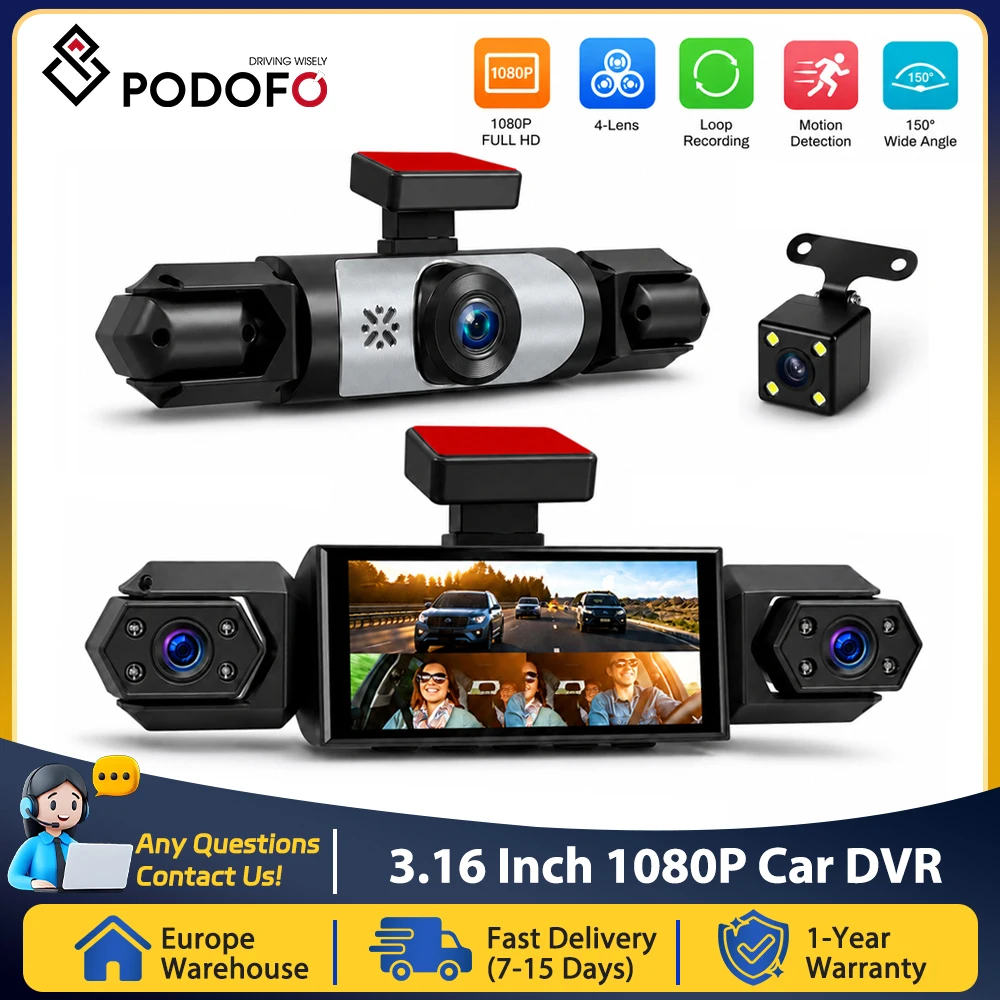Podofo 3.16'' Car Dashcam With Four High-Definition Lenses, Including 480p Left Interior, Right Interior, And Rear View Cameras Parking Monitor Rear View Camera Car Recorder Support Loop Recording, Exposure Compensation