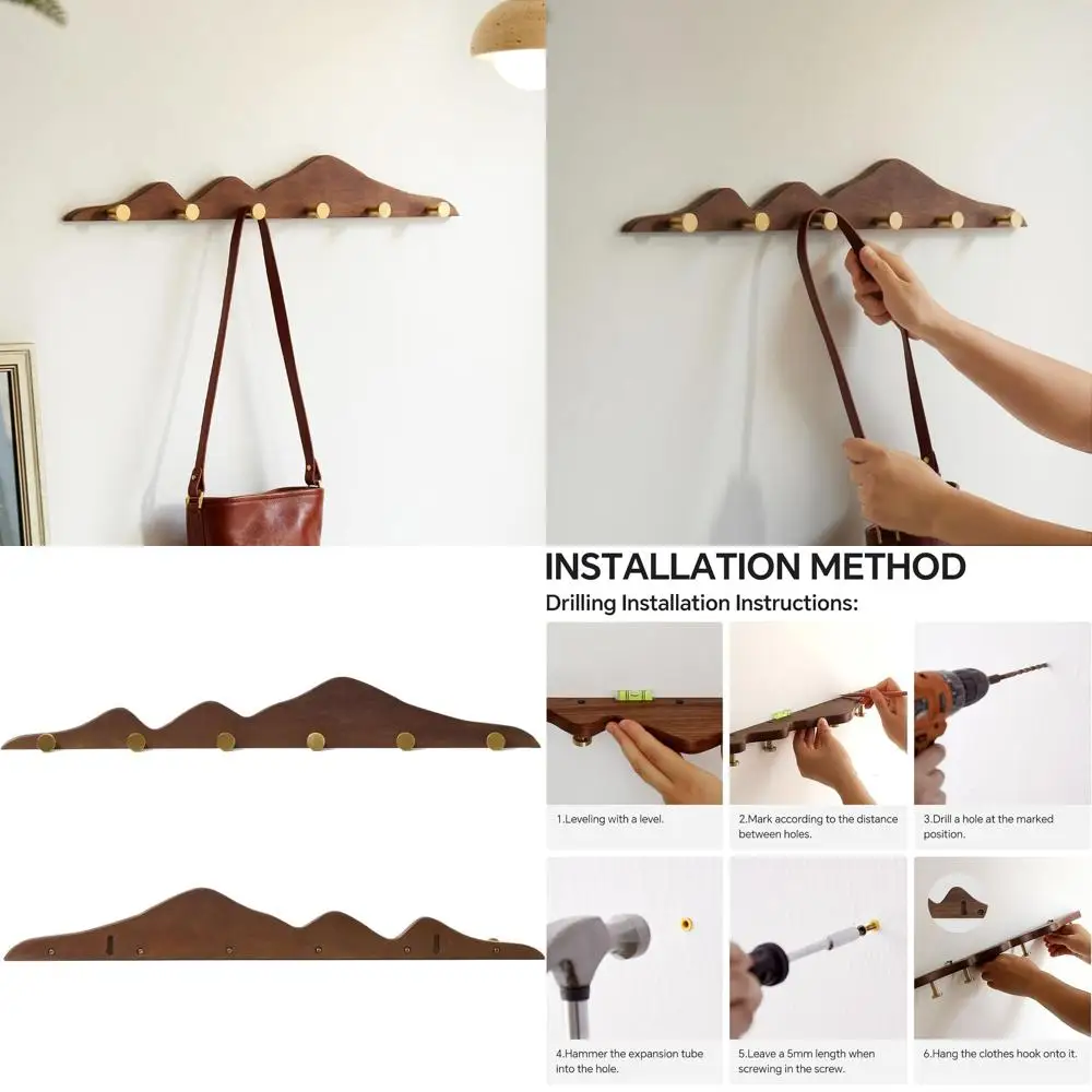 

Walnut Solid Wood Wall Coat Rack with 6 Brass Hooks, Moisture-Resistant Wax Oil Finish, Home Decor (6 Hooks)