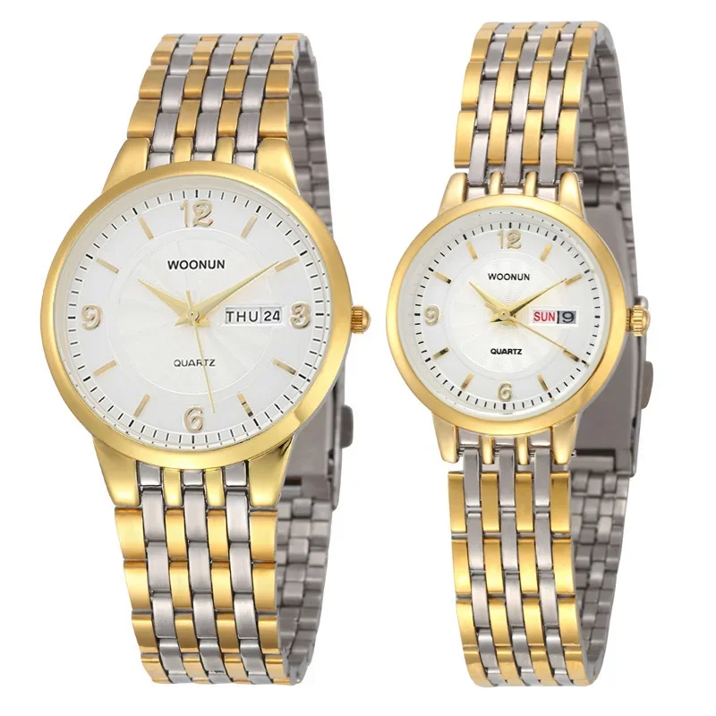 New WOONUN Couple Watch For Lovers Waterproof Stainless Steel Date Day Quartz Watches Luxury Gold Watch Valentine's Day present