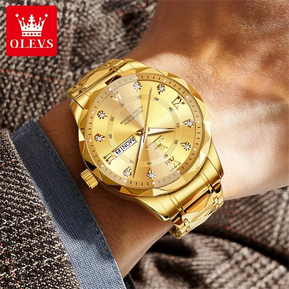 OLEVS 5609 orologio al quarzo originale per uomo moda specchio a forma di diamante doppio calendario orologio da polso da uomo in acciaio inossidabile impermeabile