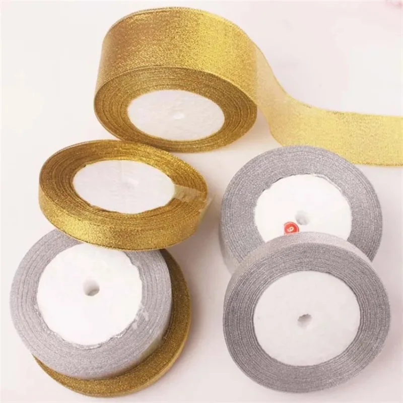 22meters/roll 6/10/15/20/25/40/50mm Gold silver Glitter Ribbon Wedding Cake Gift Decoration Craft Supplies Organza DIY Ribbon