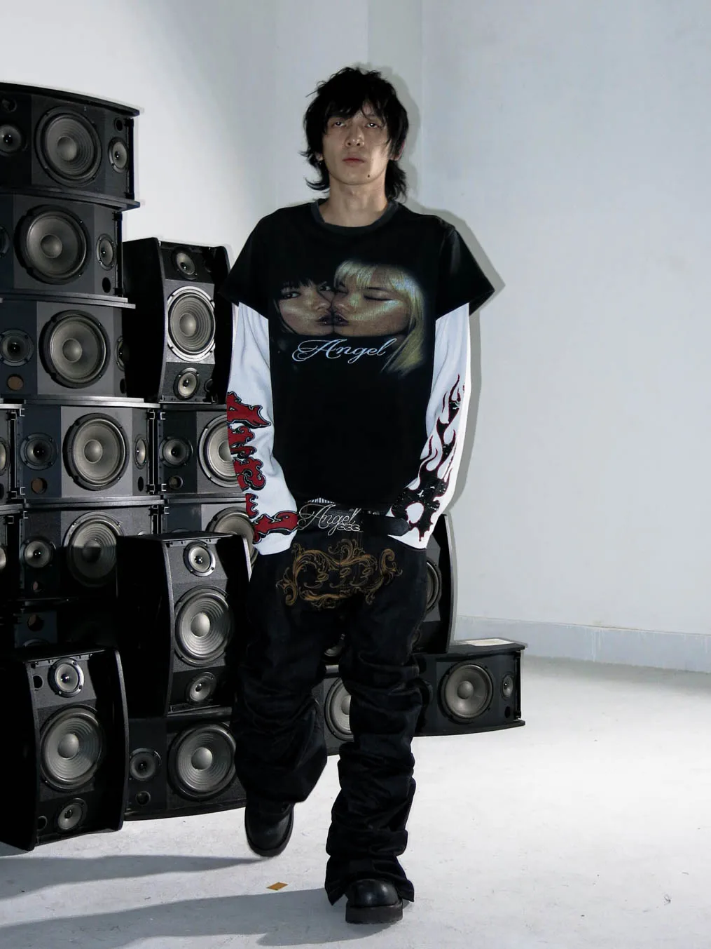 

Футболка PCCVISION AN0N Angel с винтажным принтом и круглым вырезом, имитация двухслойности, вафельный узор, хлопковая, повседневная, с эффектом пэчворк