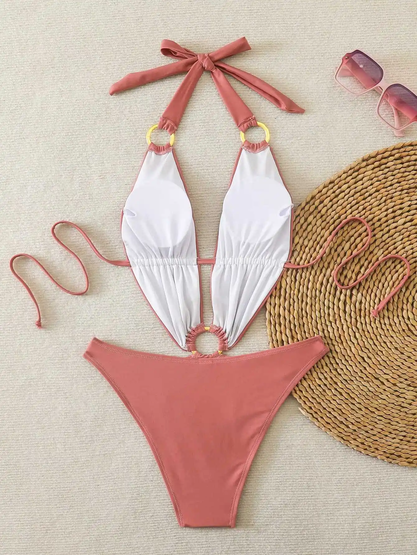 sexy red bean pink ring backless swimsuits one piece bodysuits swimwear bikinis bathing suit swimwear biquini tankini trikini