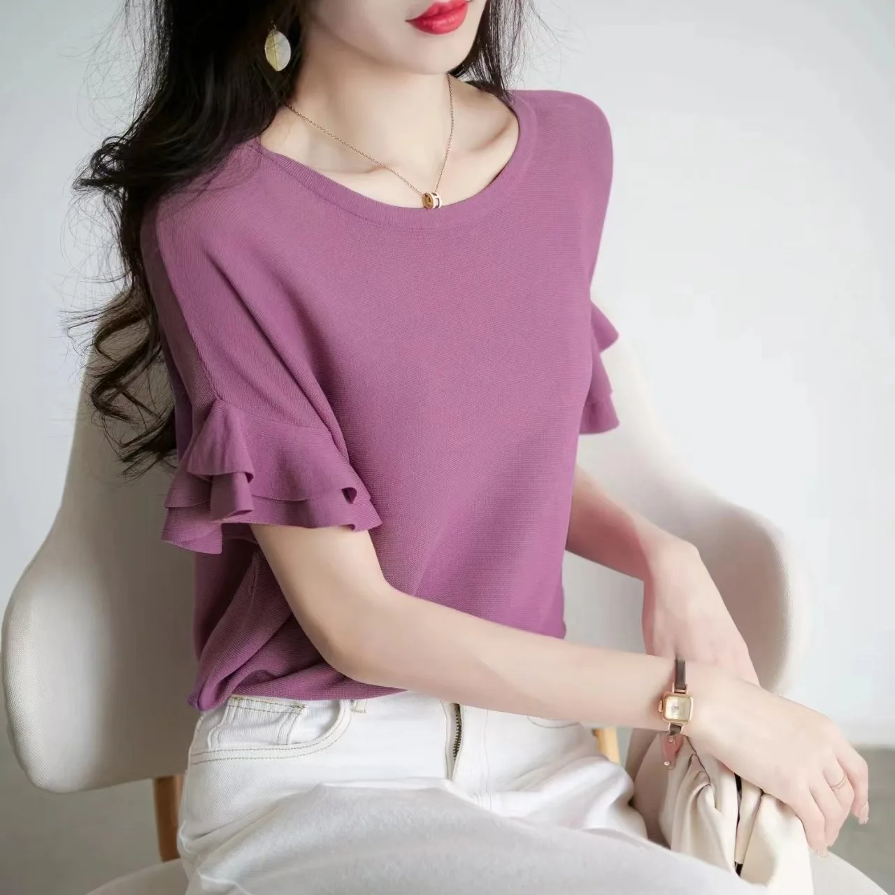 

Женский летний облегающий топ из ледяного шелка с круглым вырезом, вязаный, с кружевной отделкой, повседневный, модный