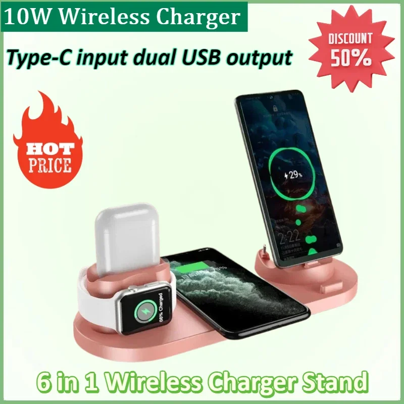 

New 6 in 1 10W Wireless Charger Stand Pad for IPhone 15 14 13 12 Pro Max Apple Watch Airpods Phone Fast Charging Dock Station