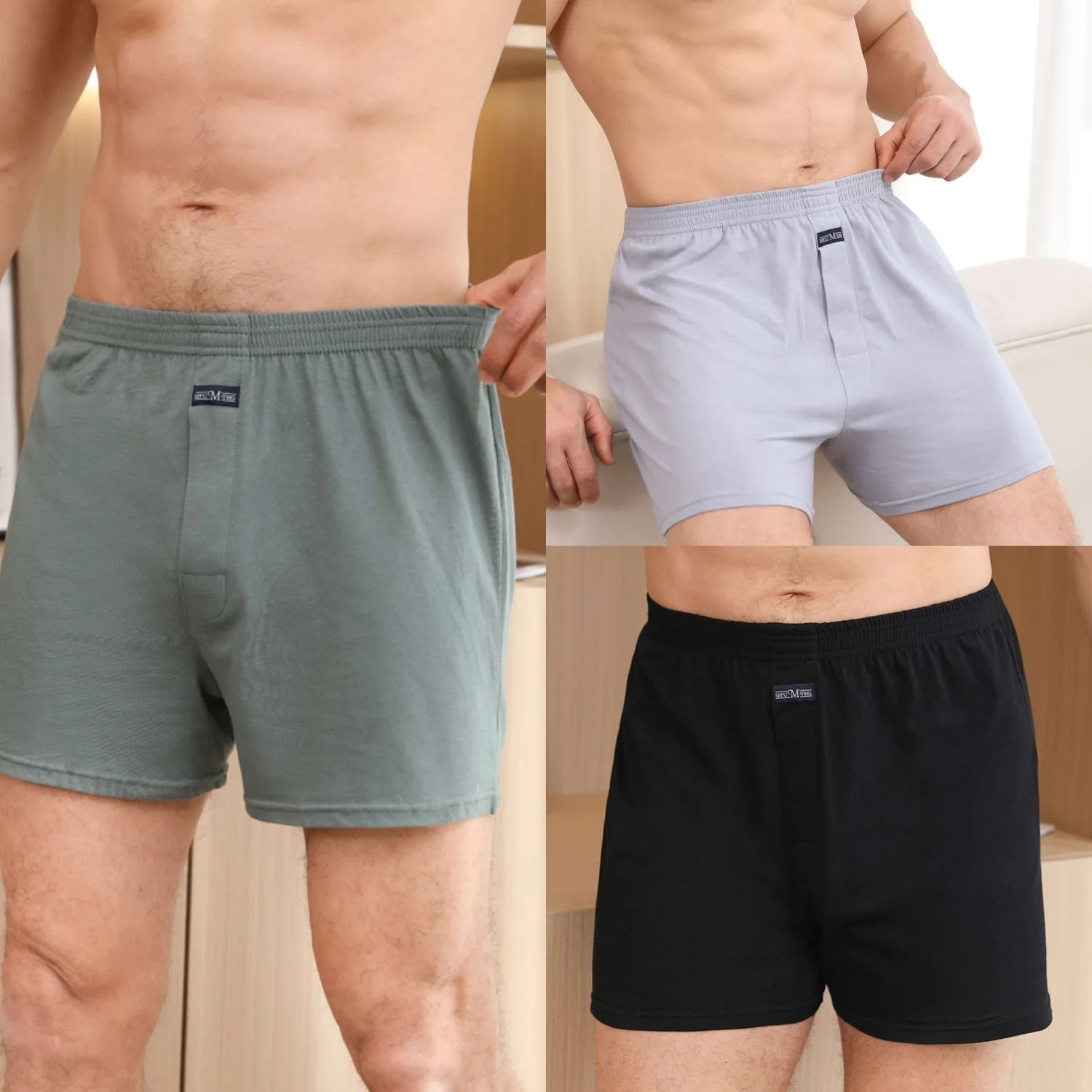 Aro masculino alongou pijama de algodão puro, calça de canto liso, roupa íntima solta e confortável, três pares