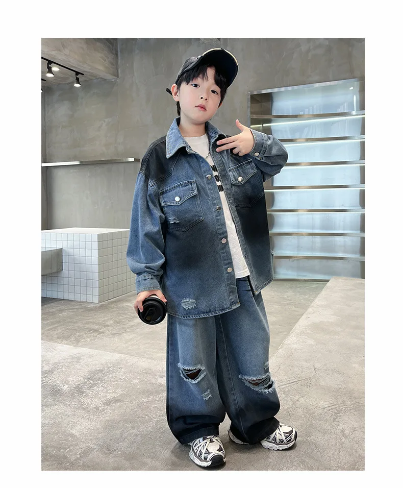 Children's Clothing Boys' Handsome Suit Spring and Autumn 2025 New Fashion Jacket Ripped Jeans Kids Two-piece Set
