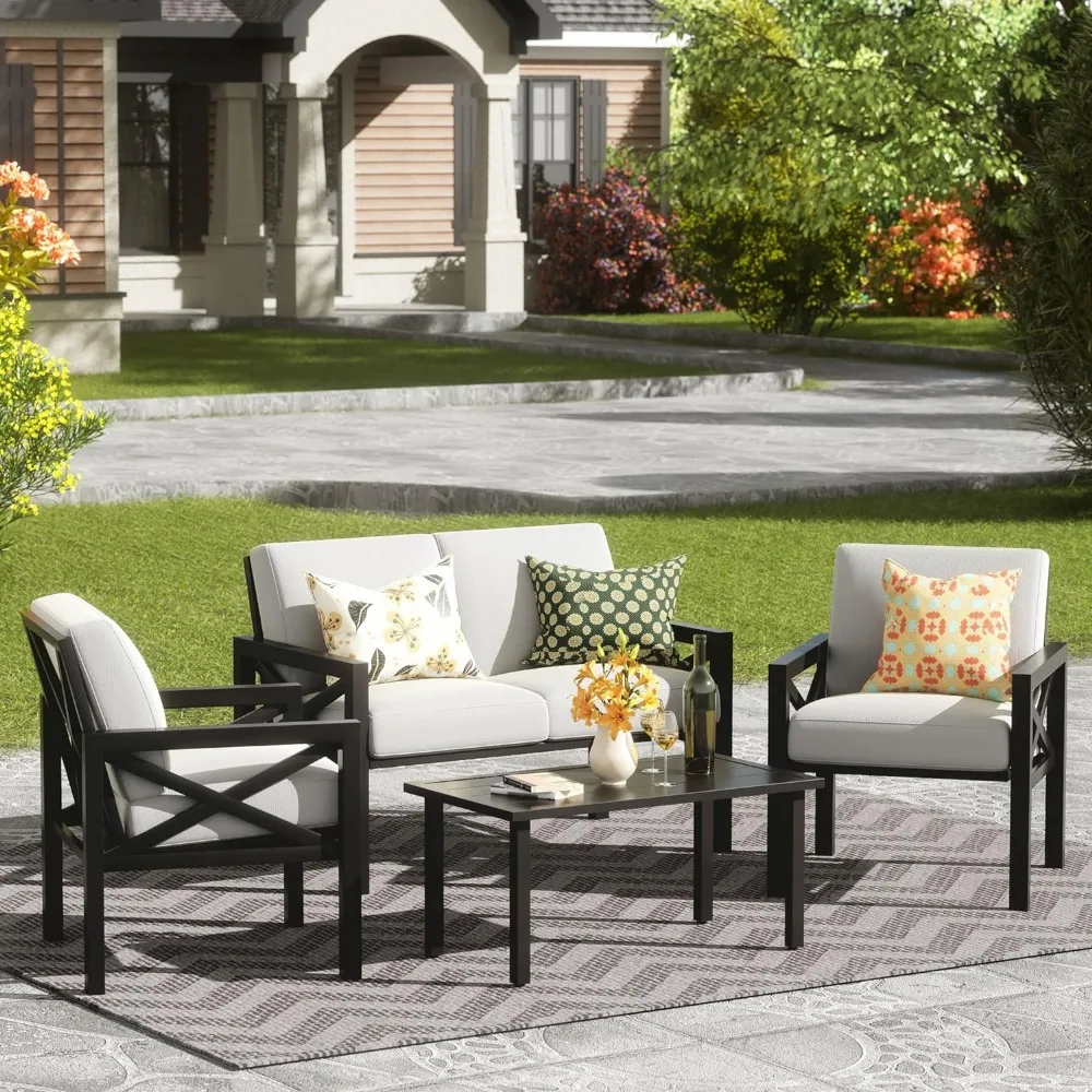 Outdoor Patio Furniture 4 Pieces Set, Modern Patio Conversation Sets, Outdoor Sectional Metal Sofa with 5.5  Inch Cushion