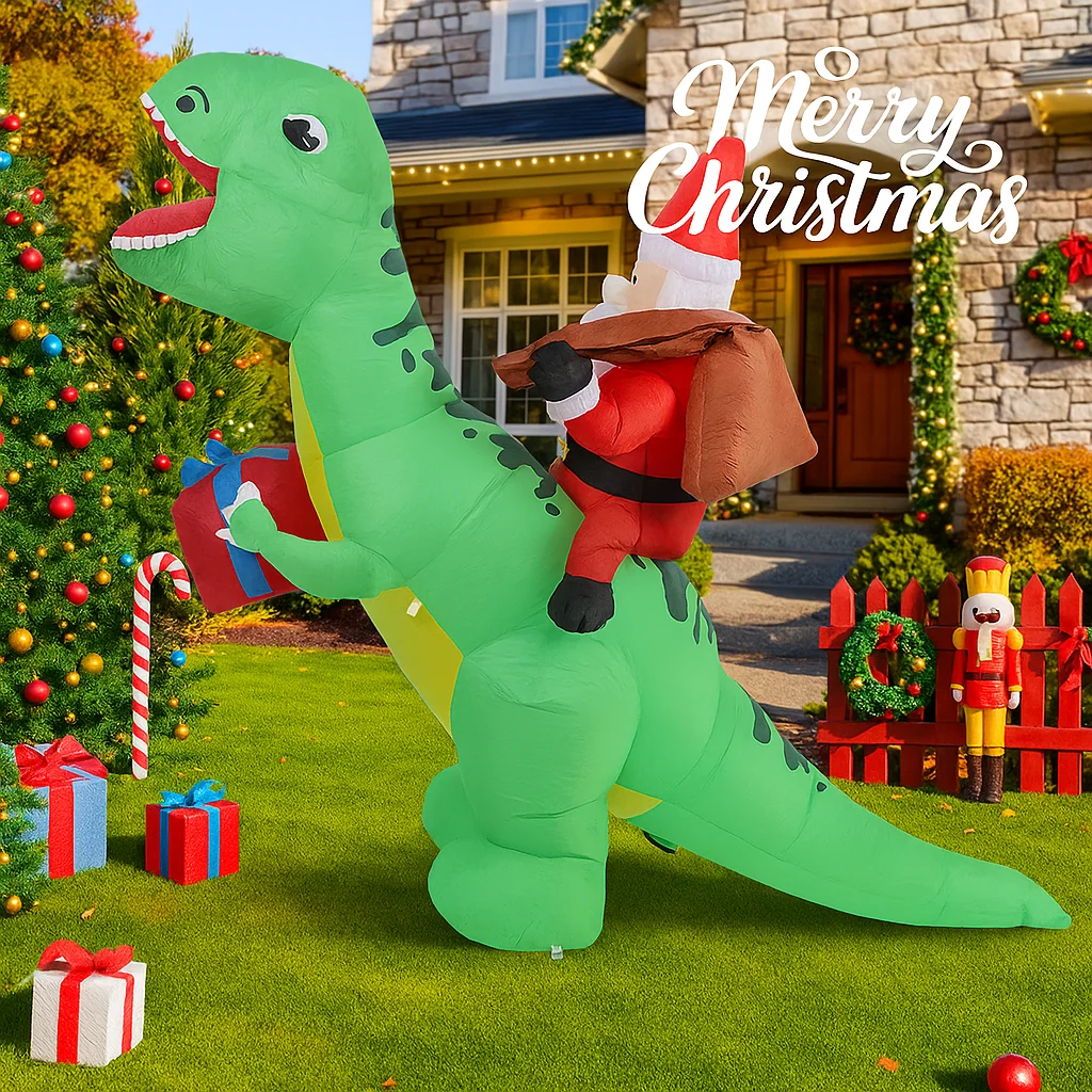 5.91FT Christmas Holiday Inflatable Santa Claus Dinosaur Toy LED Lit Home Supplies Ornament Gift Xmas Yard Lawn Party Decoration