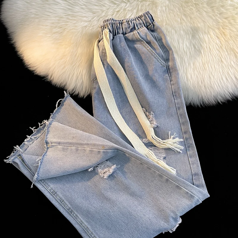 

Waed Distred Loose Straight Leg Men's Jeans Summer Versatile Student Couple Trendy Rope Casual Long Pants