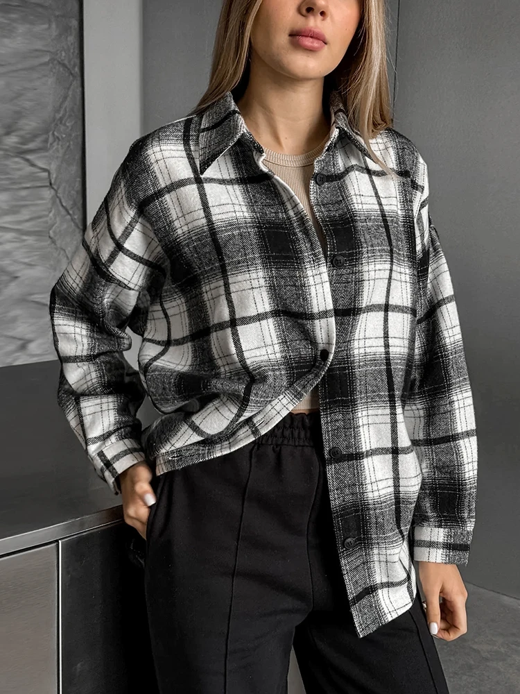 Aynaray 2024 Women Autumn Winter Vintage Oversized Thick Shirt Black Plaid Long Sleeve Loose Fit Blouse For Woman