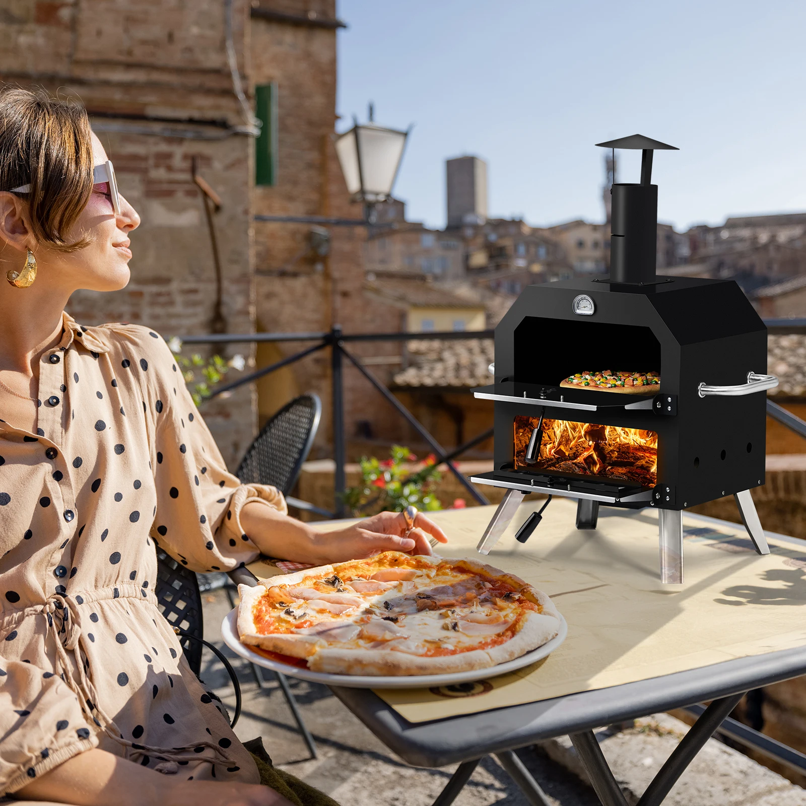 Outdoor Pizza Oven Wood Fired 2 Layer Pizza Maker with Stone and Removable Cooking Rack for Camping Backyard BBQ Black