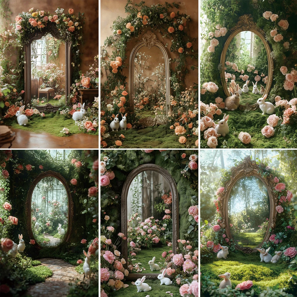 

Spring Easter Garden Photography Backdrop Green Grass Lawn Pink Floral Arch Door Baby Portrait Background Photo Booth Studio