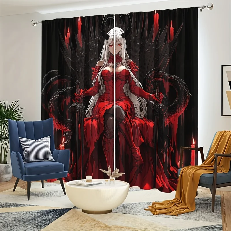 Large Anime Gothic Curtains Pair Red Fantasy Manga Window Drapes Decorative Room Decor Art Print Black Background Curtain Panel