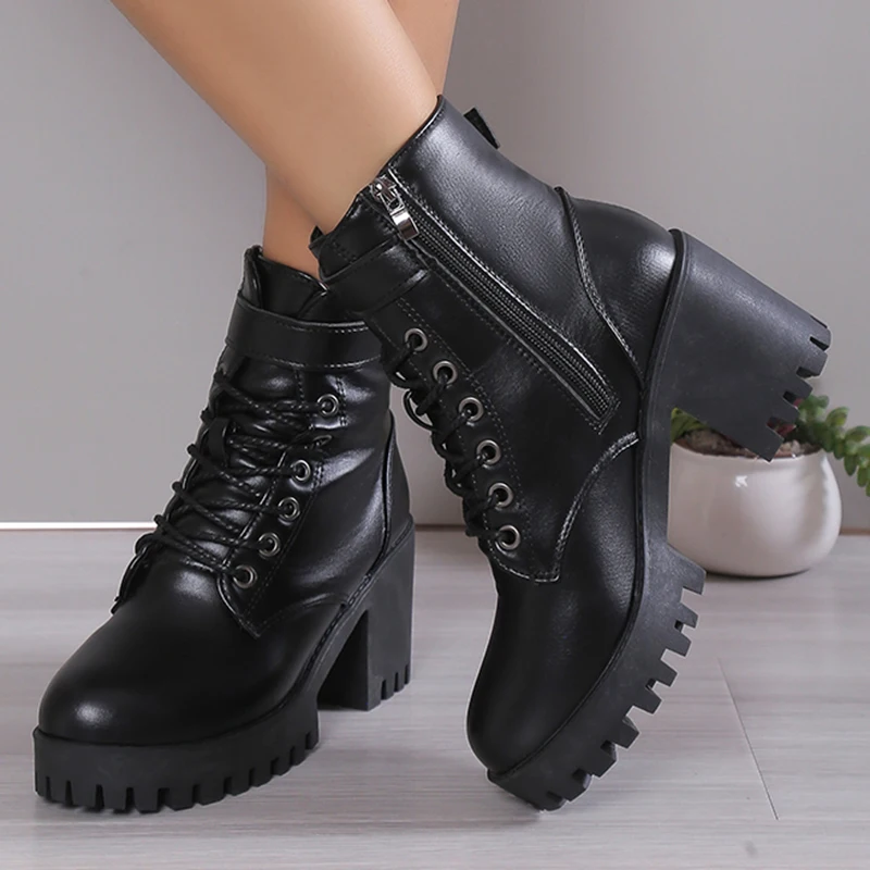 Women\'s High Heels Ankle Boots for 2023 Black PU Leather Platform Short Boots Woman Side Zipper Thick Heeled Punk Botas De Mujer