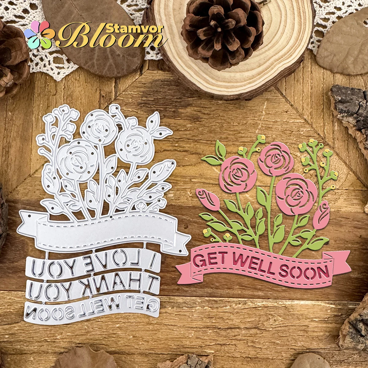 Original schöne Blumen Rose Banner Titel Metall Stanzformen Scrapbooking dekorative Prägung