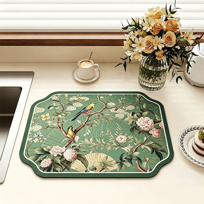 VIKAMA Green Lotus Wave Edge Mat, Quick Dry & Machine Washable, for Kitchen Counter Sink Coffee Maker Drying Mat, Home Decor