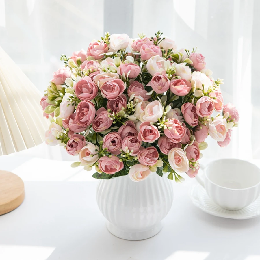 

5 Fork 15 Head Artificial Flowers Silk Rose Small Tea Bud For Wedding Photography Background Wall Home vase Christmas Decoration