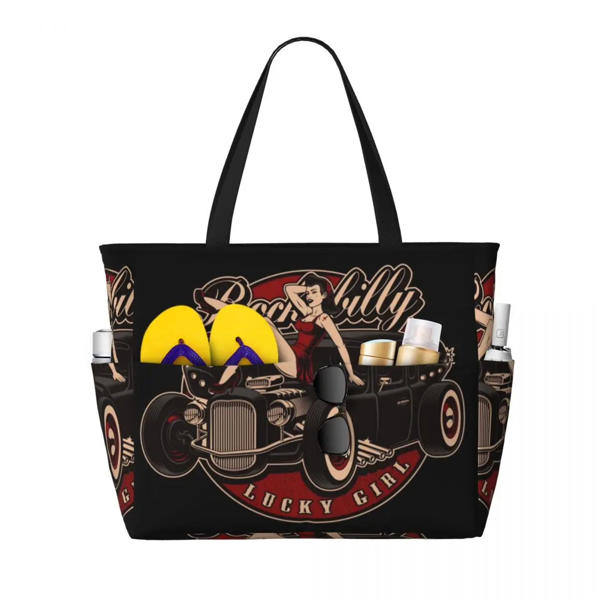 Rockabilly Hot Rod Pin Up Beach Tote Bag Sport Gym Yoga Duffle Large Tote Bag Women Travel Bag Fitness bag