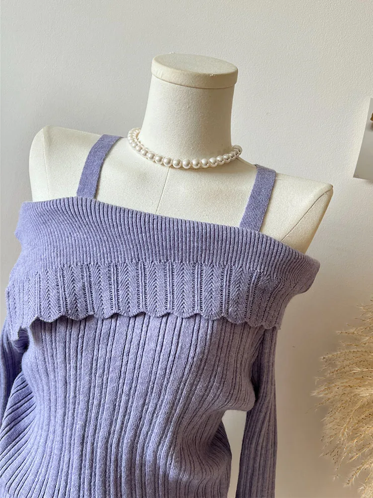 2023 Autumn Winter Slash Neck Off Shoulder Purple Sweaters New Fashion Casual Women Knitted Pullovers Office Lady Slim Jumper