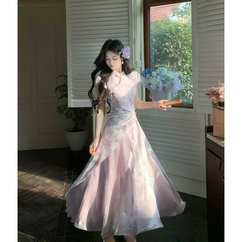 

2026 Summer Fashion Chinese Style Improved Purple Dark Pattern Printed Cheongsam Waist Collection Liuguang Yarn Skirt for Women