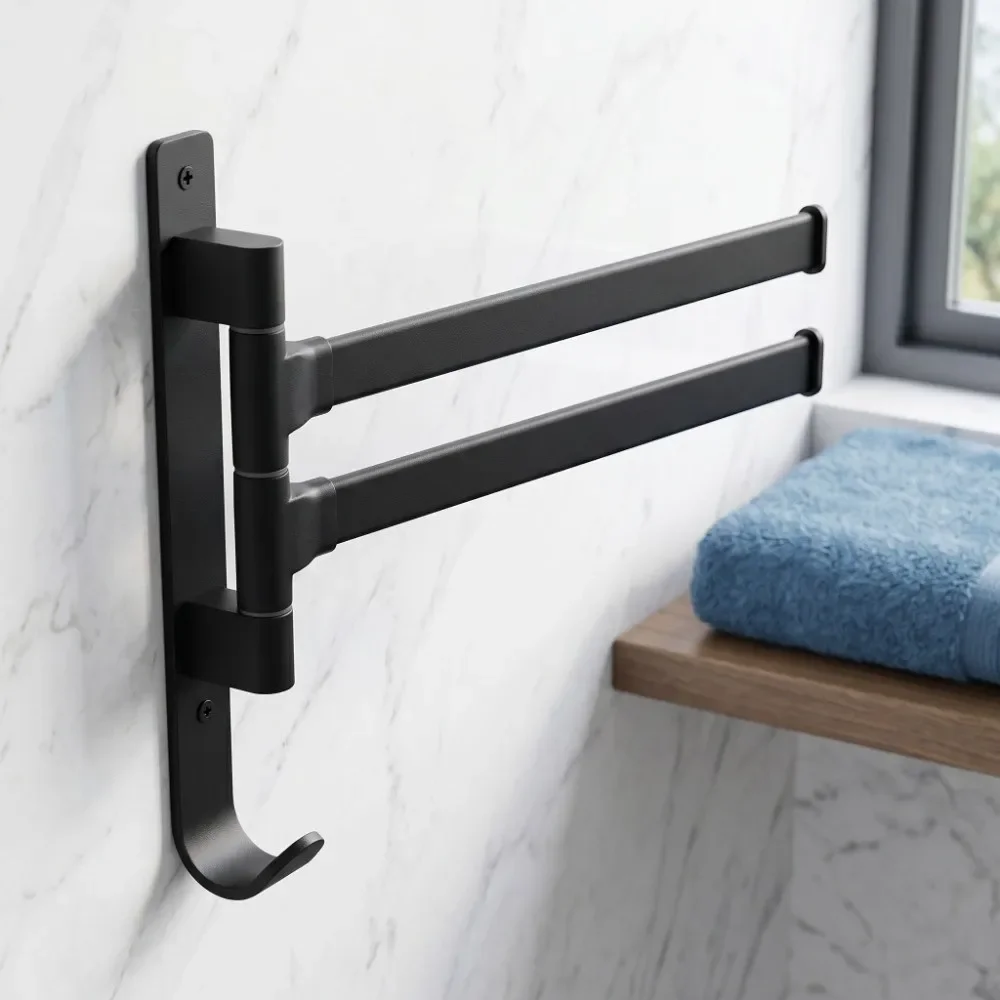 yesSpace Saving Aluminum Alloy Swivel Towel Rack 2 Arms Black Towel Rack Collapsible With Hook Towel Bar Household Use