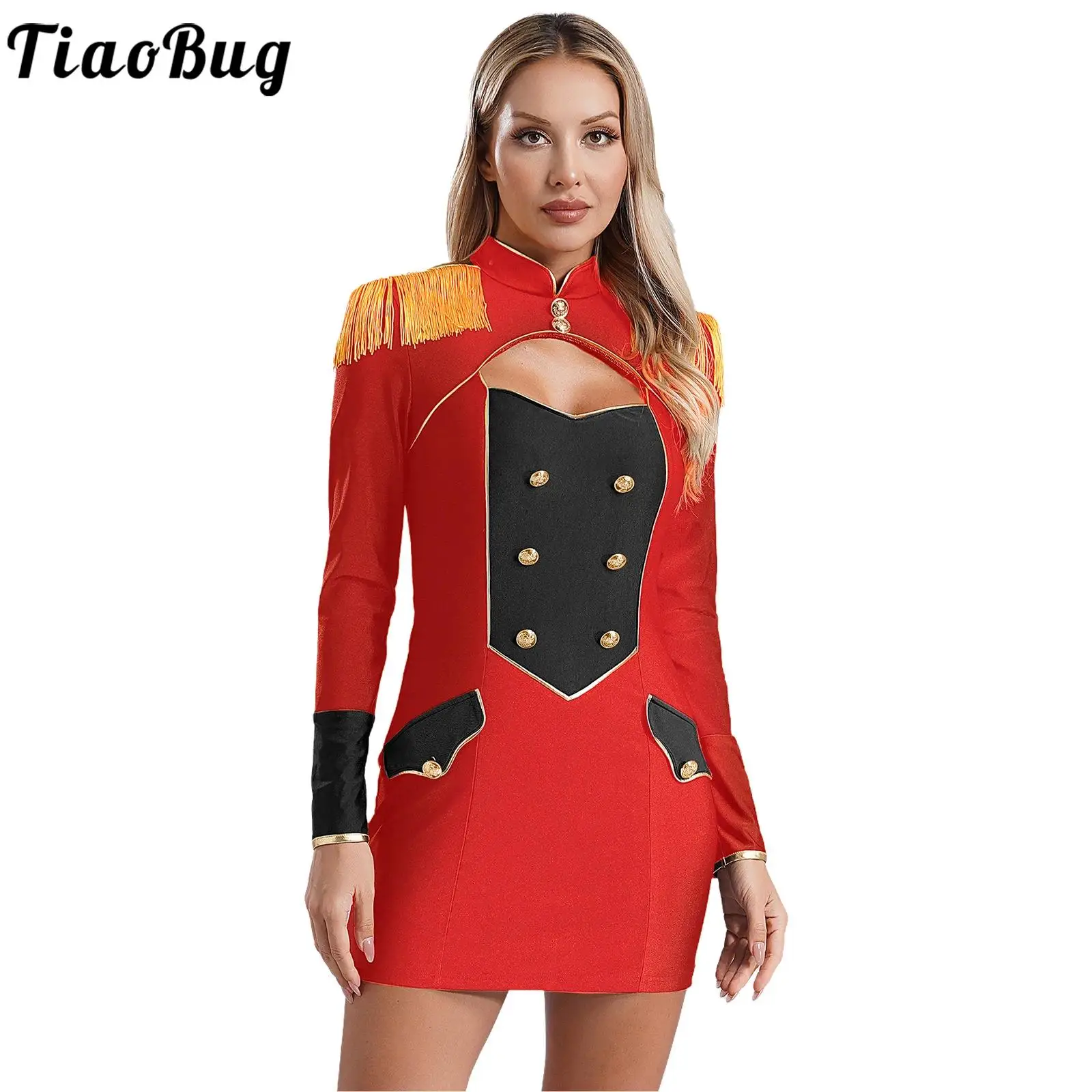 

Womens Circus Director Cosplay Costume Ringmaster Bodycon Mini Dress Halloween Carnival Vintage Buttons Cutout Fancy Dress