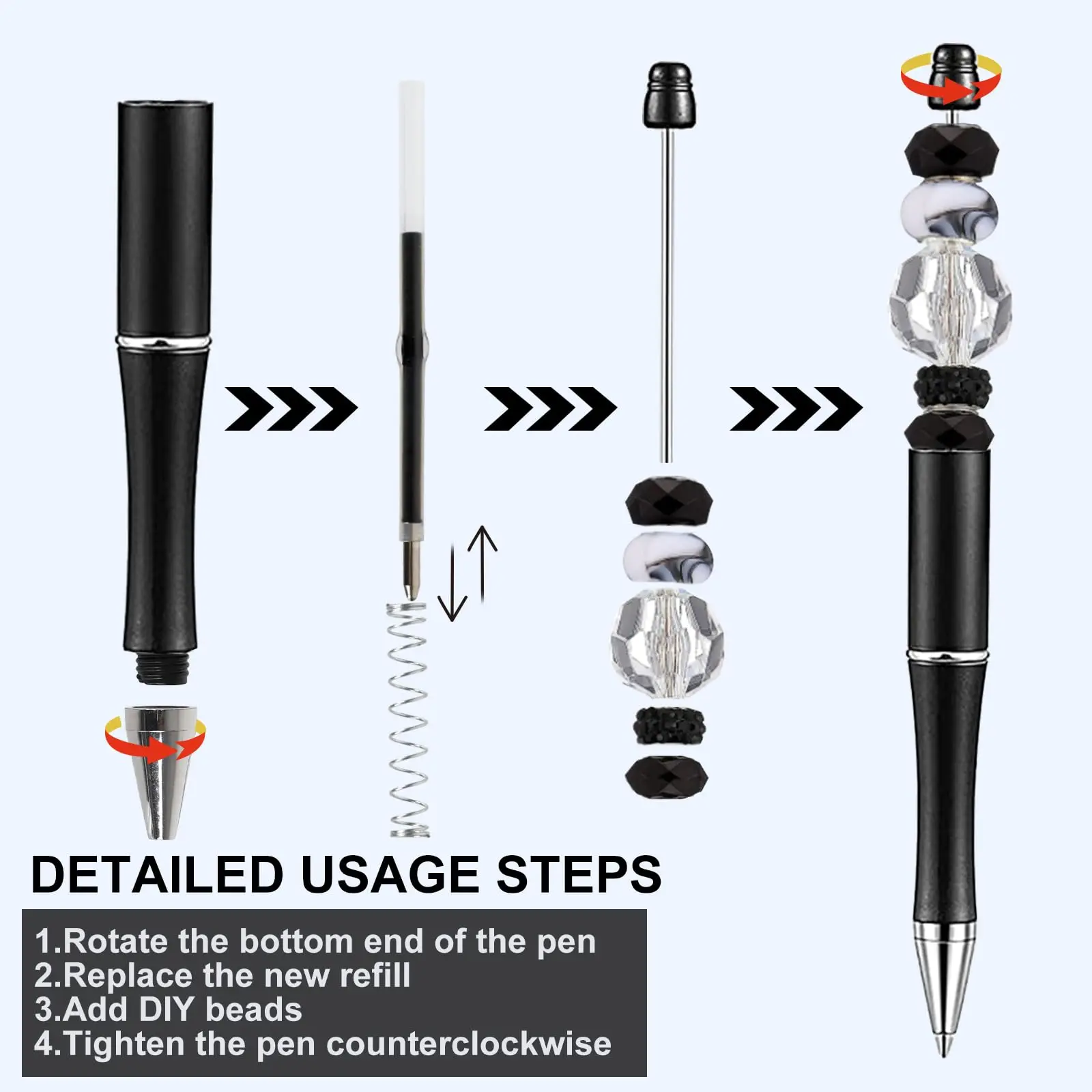 20Pcs DIY Plastic Bead Ballpoint Pen Beaded Ball Pens Black Ink Beadable Pens