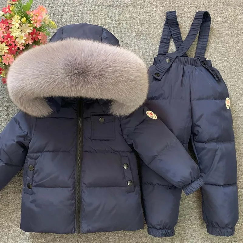 Winter Down Jacket Pants Real Fox Fur Hooded Parka Baby Overalls Warm Kids Coat Child Snowsuit Toddler Girl Clothes Set