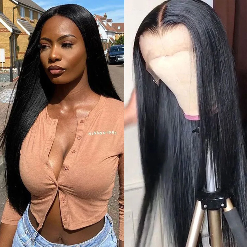 RONGDUOYI Synthetic Black Wig Lace Front Wigs With Long Straight Hair Blue Lace Wigs For Women Heat Resistant Daily Use Cosplay