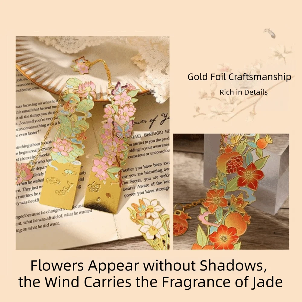 Retro Metal Metal Bookmarks Tassel Pendant Book Clip Chinese style Painted Flower Bookmarks Student Gift