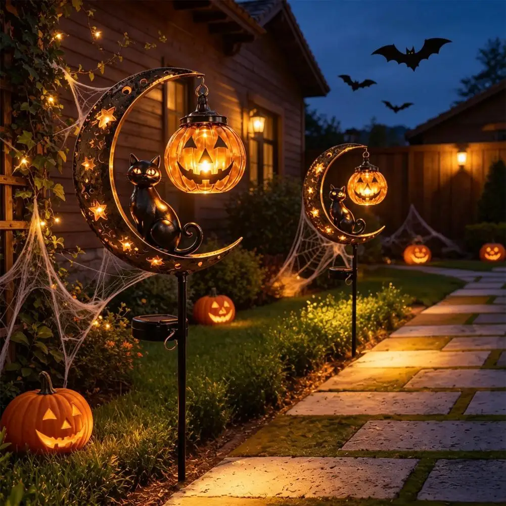 Solar Halloween Lights Halloween Solar Garden Stake Lights Jack-o-lantern Moon Cat Silhouette Waterproof Led Pumpkin Black Cat