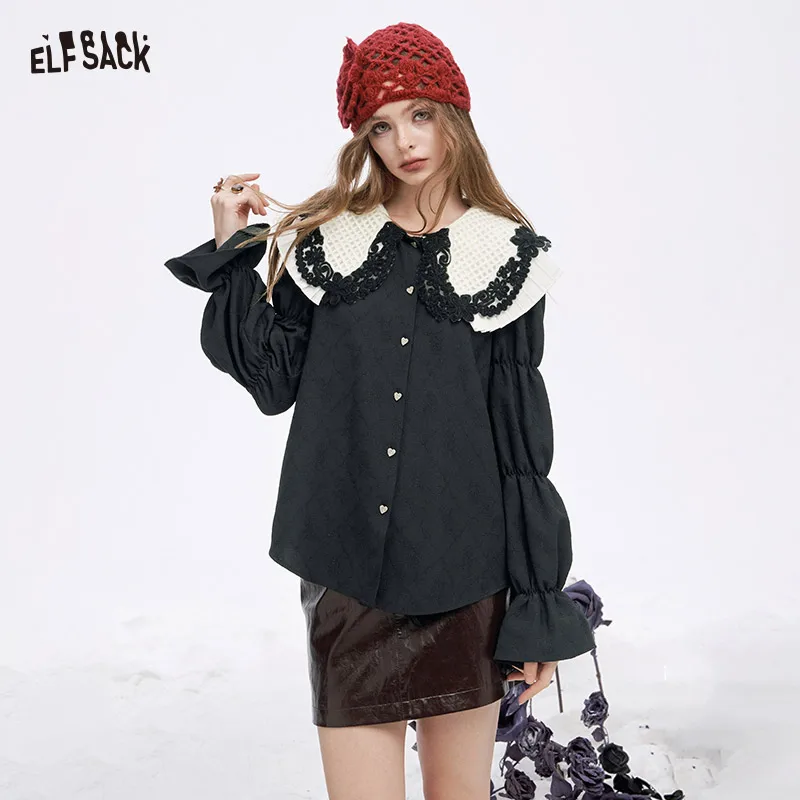 ELFSACK Preppy Solid Lace Lapel Heart Button Blouse For Women