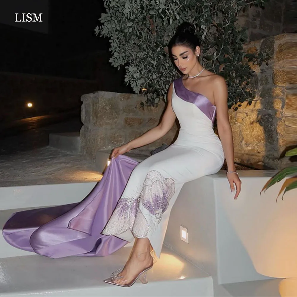 

LISM Dubai Arabic Women Mermaid Evening Dresses White And Purple Sparkly Butterfly Sequin Ankle Length Mini Formal Prom Dress