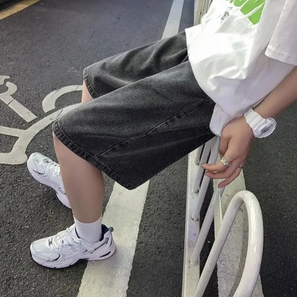 

Повседневные джинсовые шорты на шнурке, мужские свободные мешковатые короткие джинсы с высокой талией, широкие джинсовые брюки до колена, унисекс