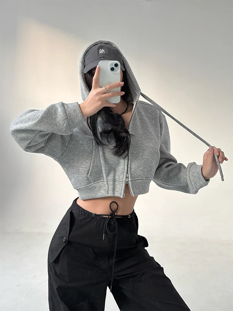 

American Style Short Sleeveless Hoodie Women's Loose Fit Thickened Zipper Belly Button Exposure Sweatshirt Coat for Autumn Wi...