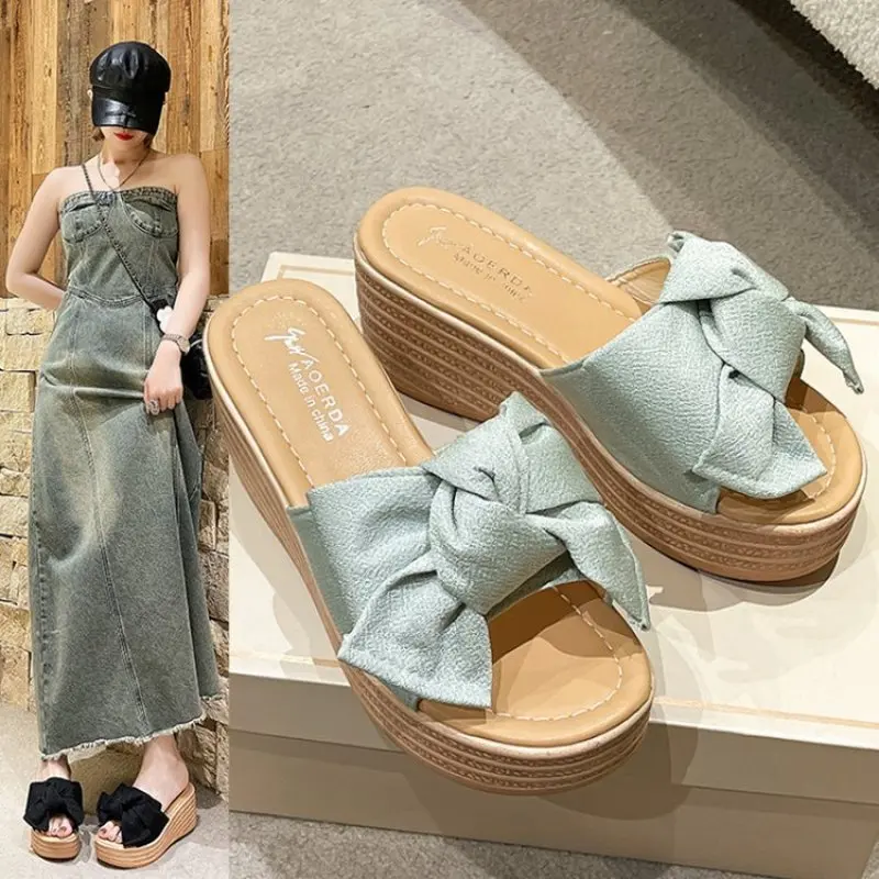 

Women's Slippers Summer Shoes Classics Butterfly-knot High Heels Women Slides Platform Wedge Shoes of Women Fashion Plus Size 40